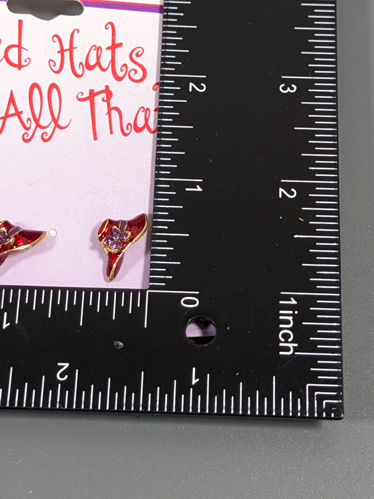 Vintage Ladies Red Hat Purple Rhinestone Enamel Pierced Stud Earrings