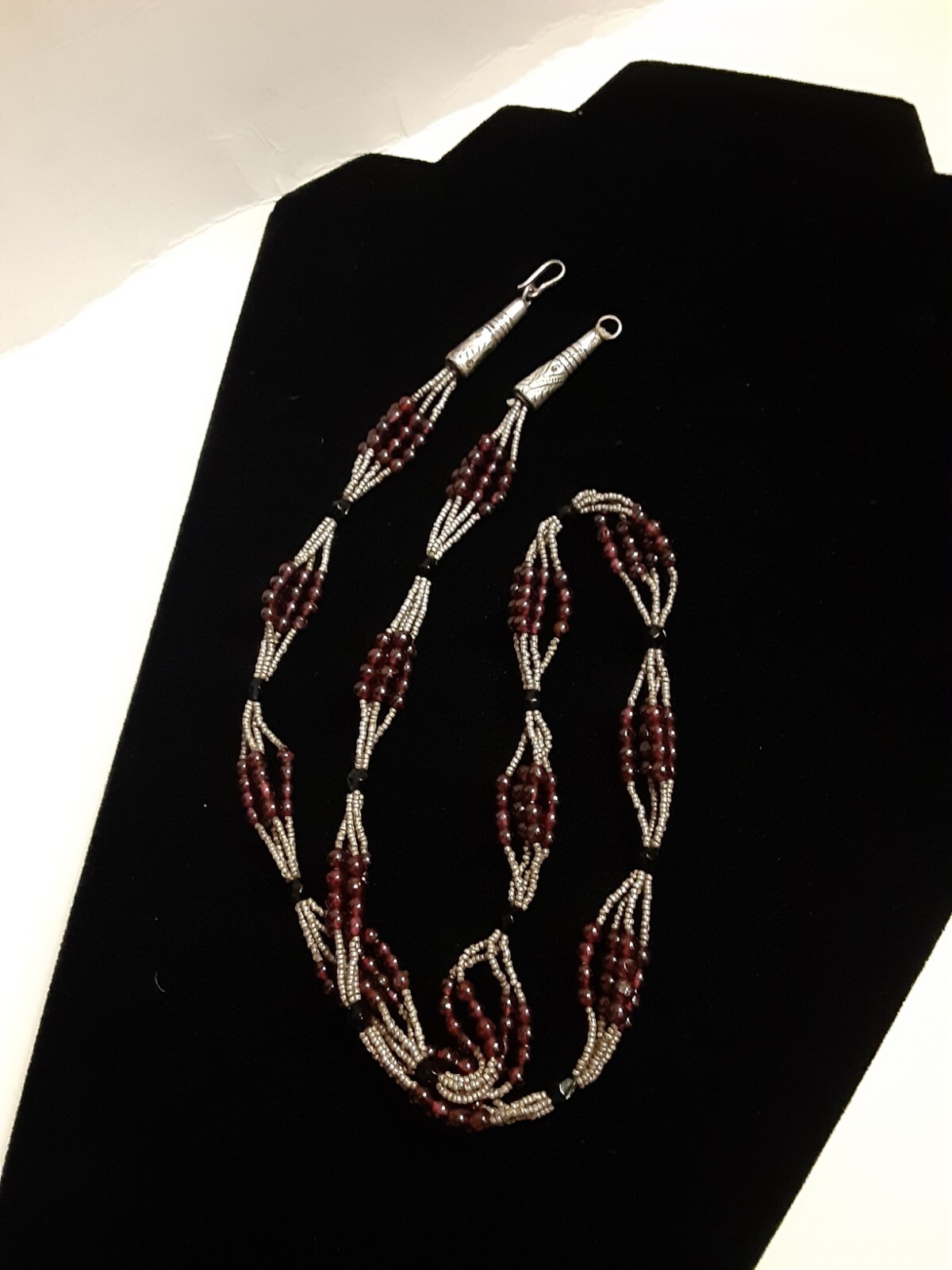 Vtg Artisan GARNET GLASS & Micro beaded Silver Hook Clasp Necklace