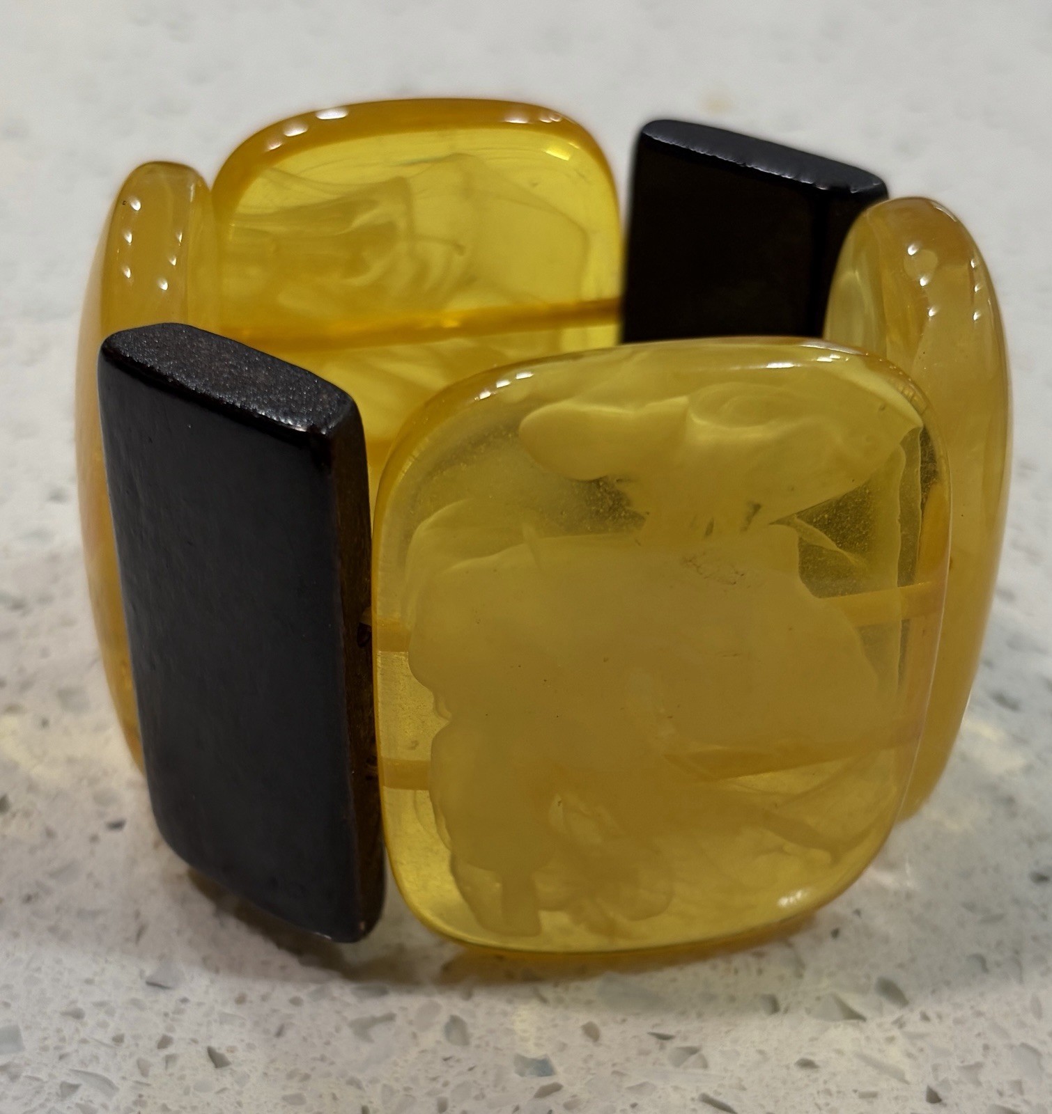 Vintage Amber Resin Swirl and Wood Stretch Bracelet Mid Century