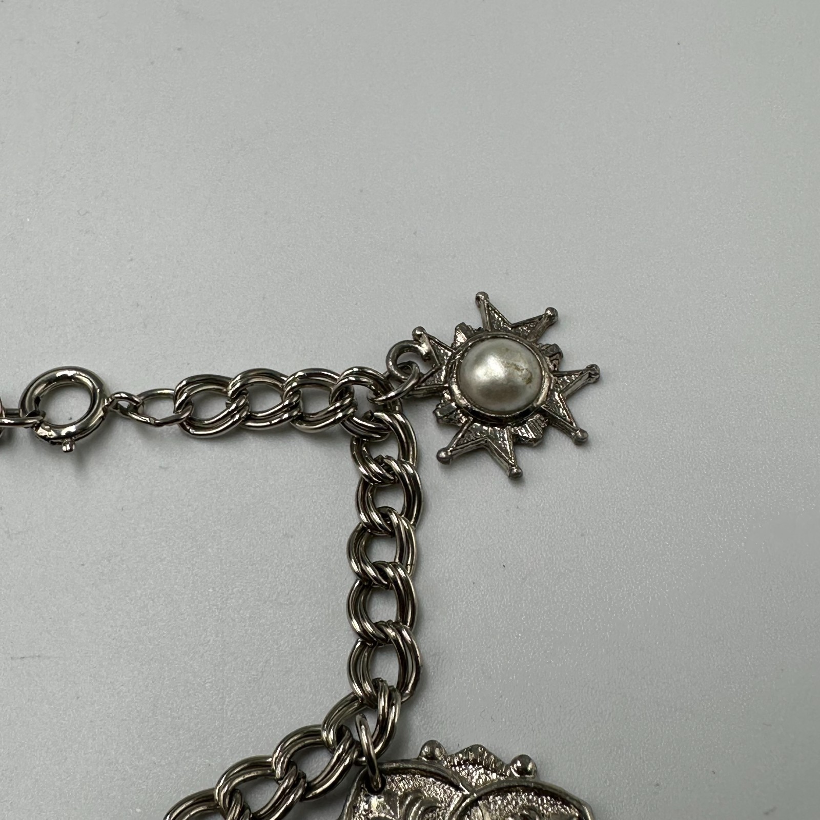 Vintage Charm Bracelet Silver Tone Filigree Embossed Faux Pearl Dangle Shields