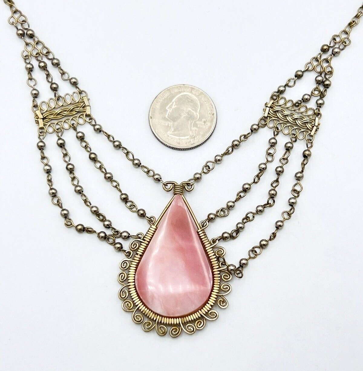 Vintage Silver Tone Pink Stone BOHO Collar Necklace