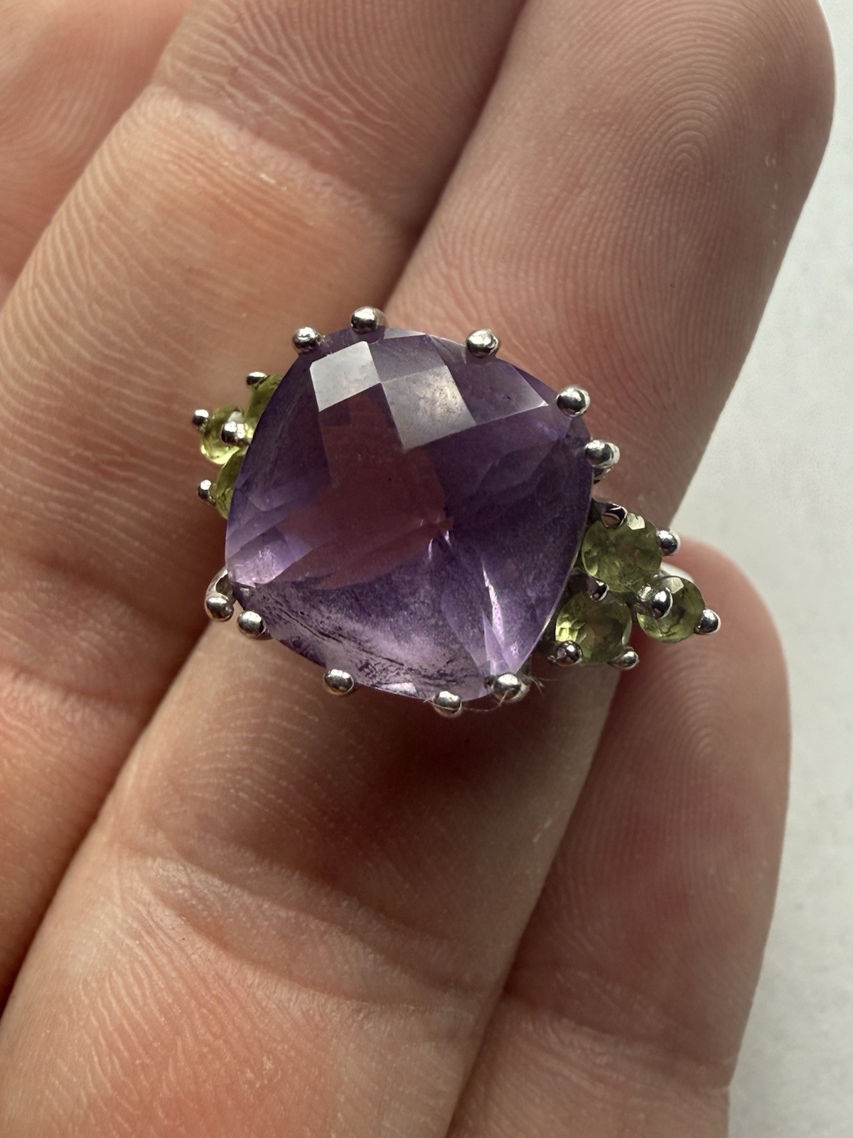 Vintage Sterling Silver Cushion Cut Amethyst & Peridot Cocktail Ring Size 6 – 6g
