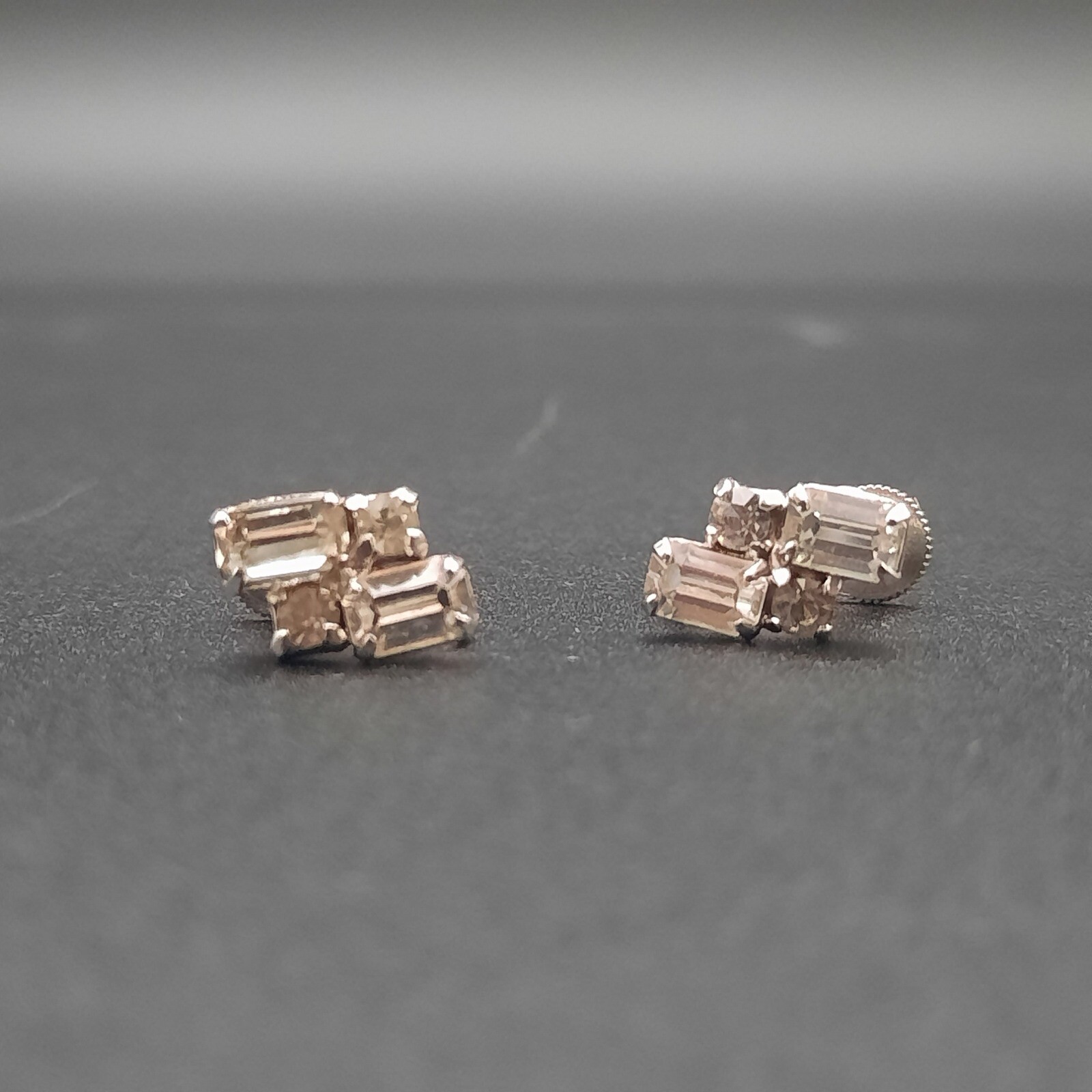 Vintage Rhinestone Screw-Back Earrings with Emerald Cut and Round Stones