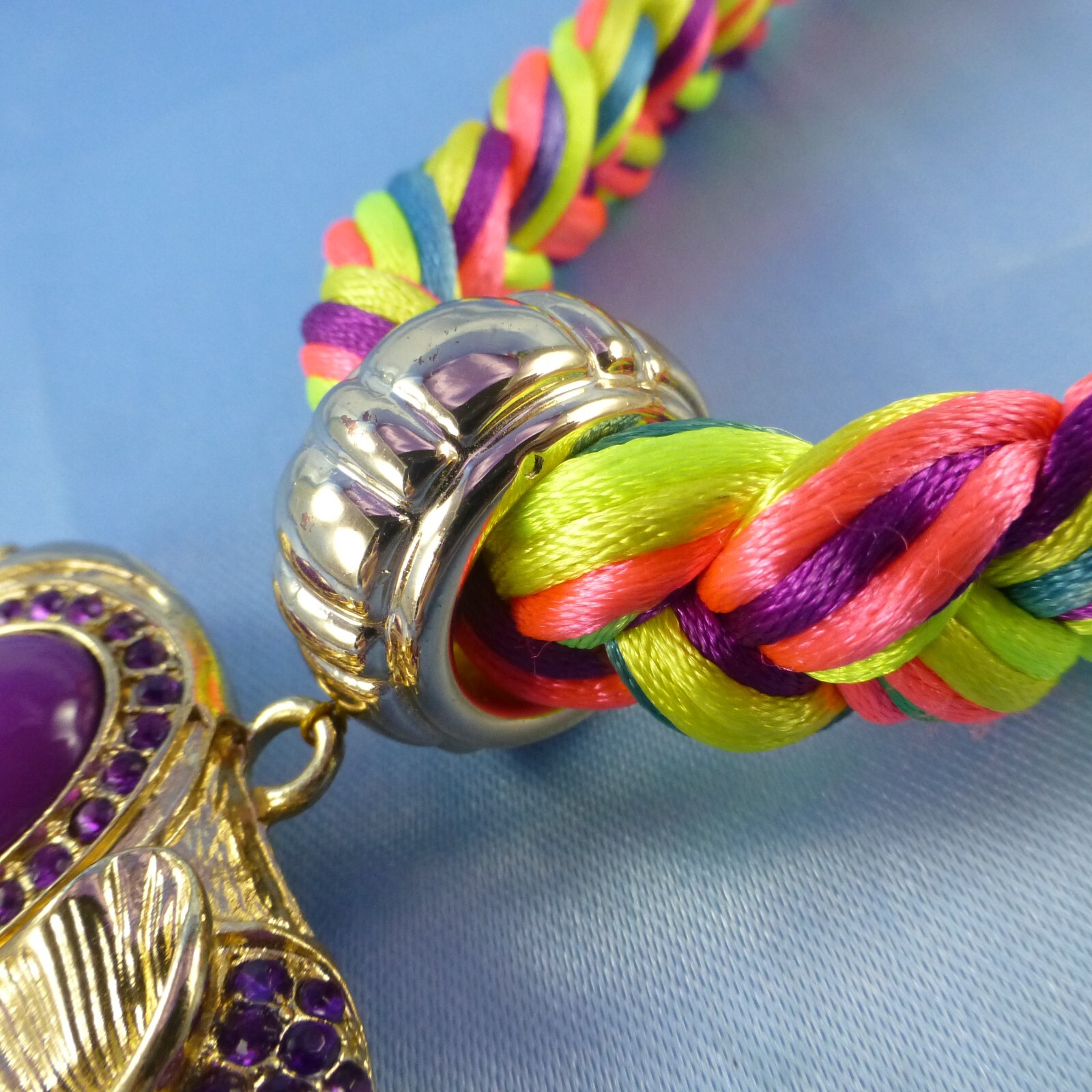 Braided Multi-color Collar Necklace & Elephant Pendant & Purple Rhinestones