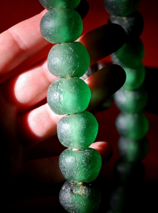 HUGE Recycled SEA GLASS STATEMENT NECKLACE Matte Green 23mm AFRICAN TRADE BEADS
