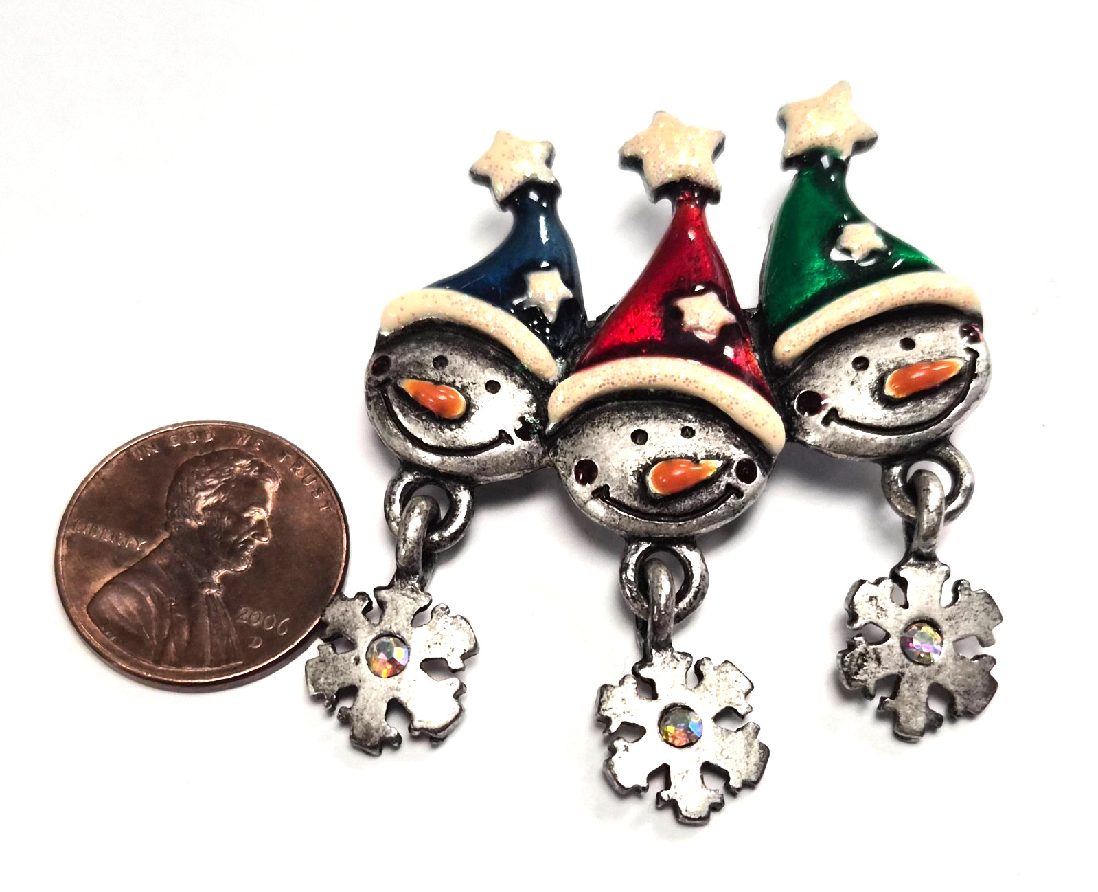 Vintage 90’s Signed AJMC Snowmen W/ Dangle Rhinestone Snowflakes Pin / Brooch