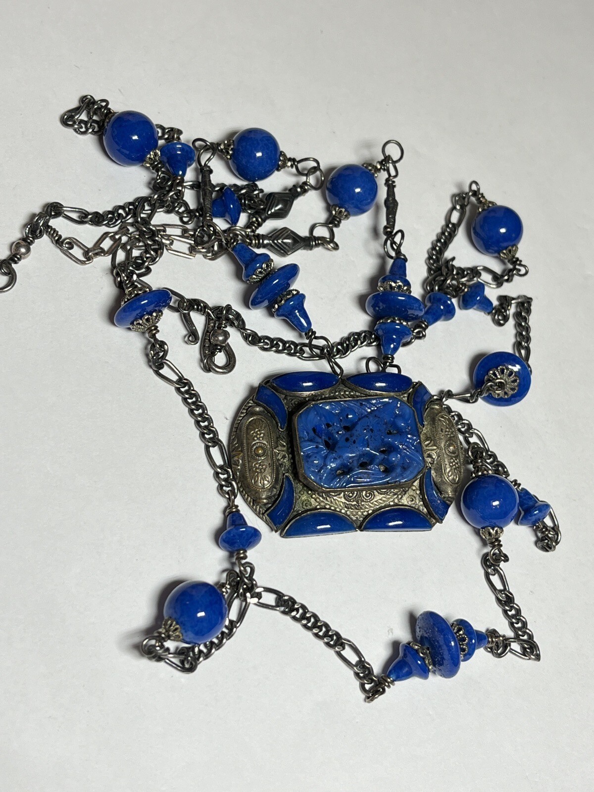 Deco Egyptian Revival Cech Style Stone Bead Blue Station Pendant Necklace RR1520