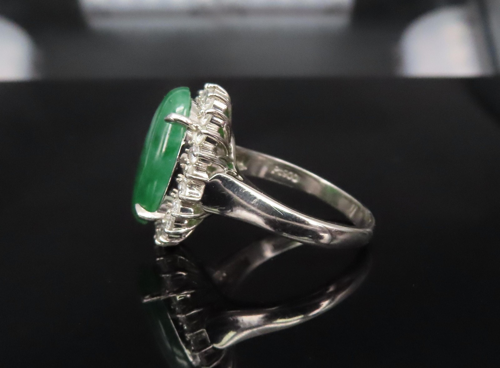 5.95ct Natural Green Jadeite Jade 0.75ct Diamond Platinum Ring Size 8.5