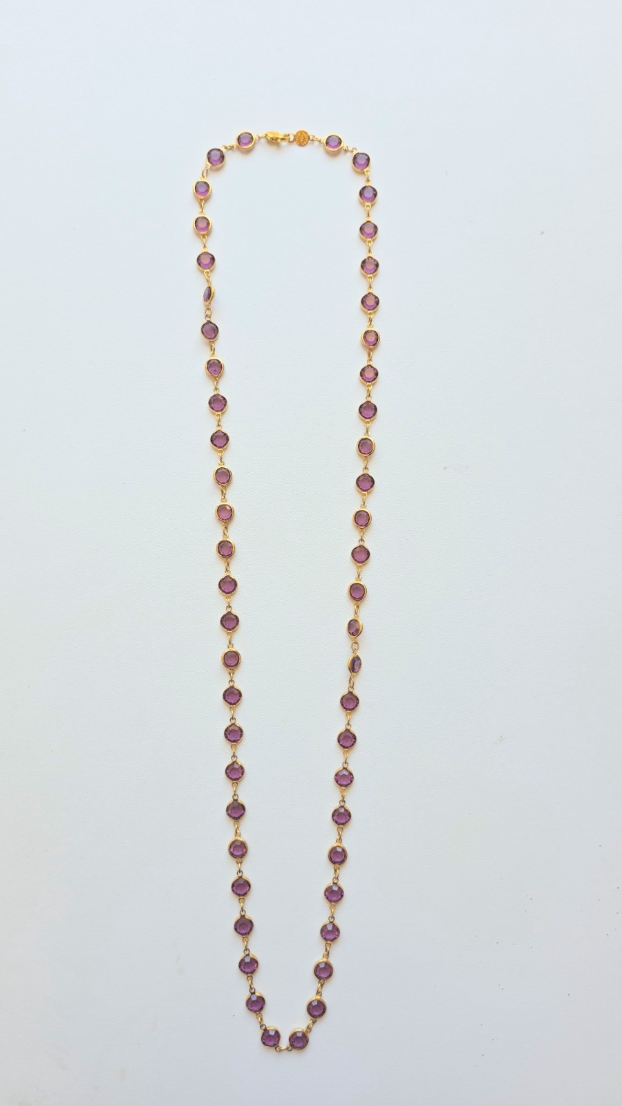 Vintage Purple Amethyst Austrian Crystal USA Necklace 34″ Gold Tone Open Bezel