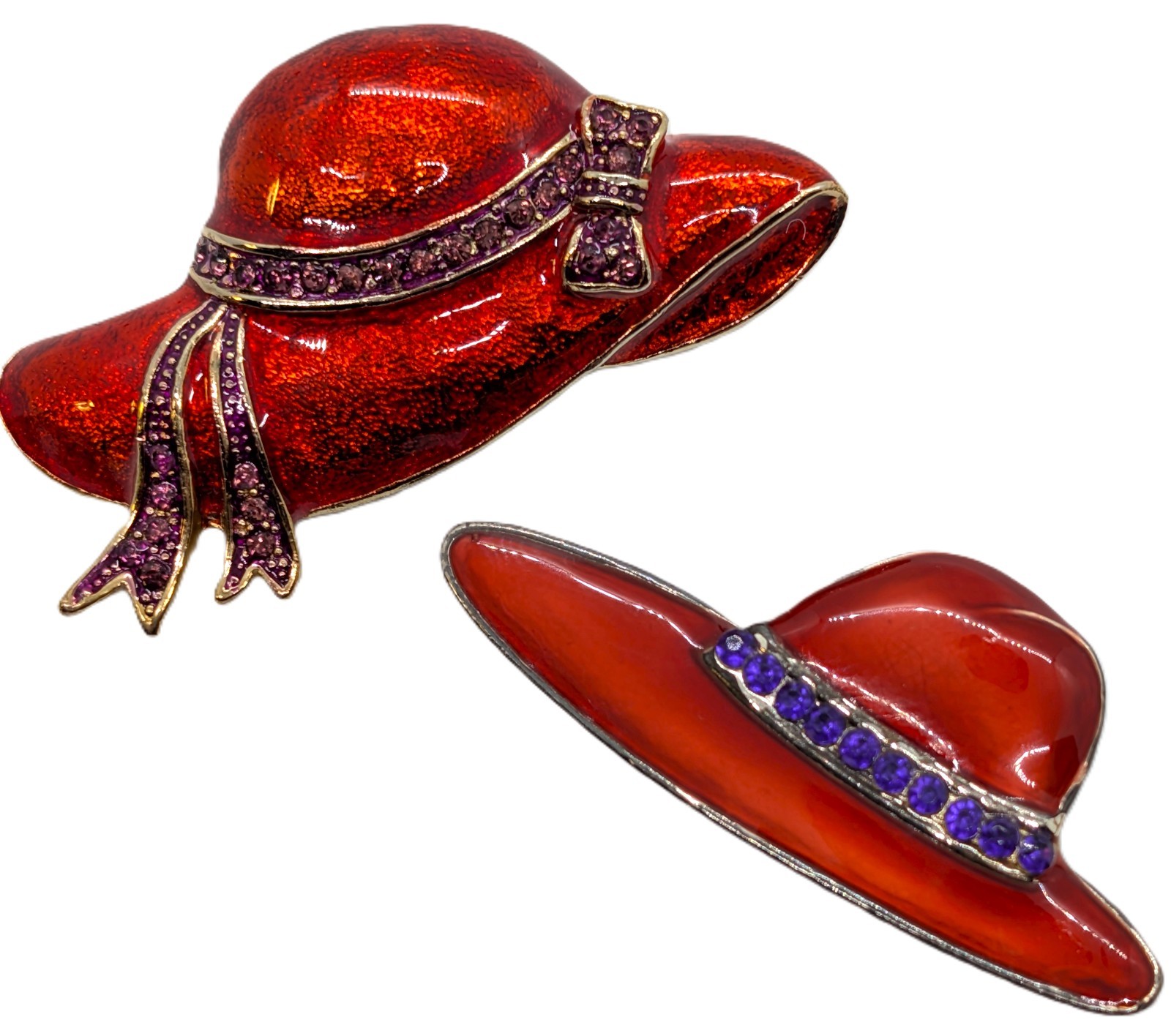 Vintage Red Hat Society Set of Two Red Enamel Purple Rhinestone Ribbon Brooches