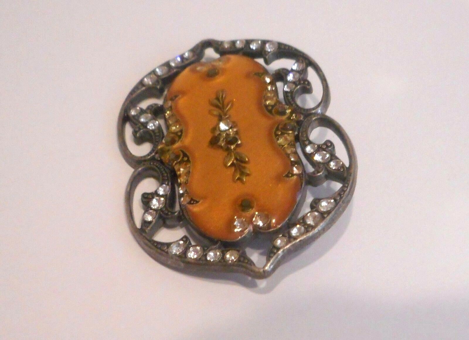 Vtg. Victorian Revival Butterscotch Enamel & Crystals Pewter Tone Metal, Brooch