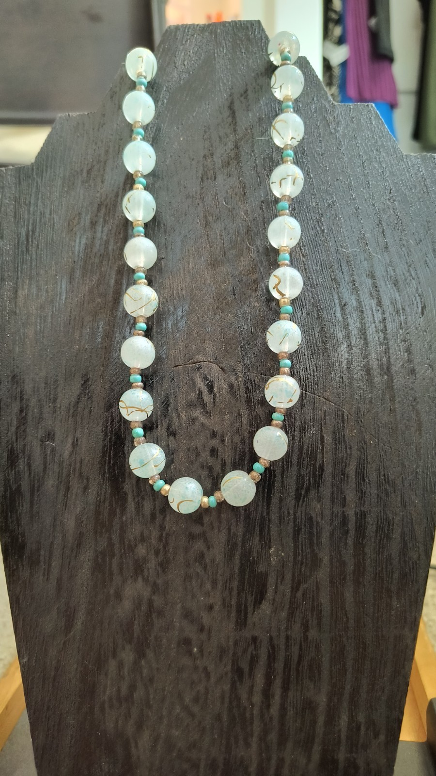 VTG Turquoise & Hand painted Glass Beads / 18″ Necklace, 1900s Venetian Murano