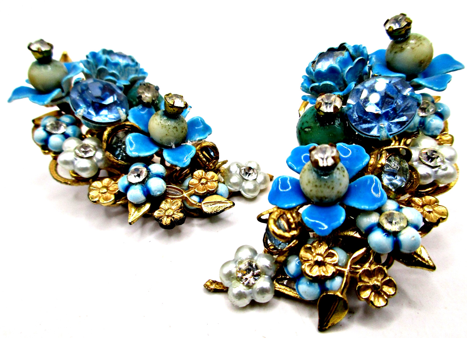 Vintage 50’s Blue Enamel Forget Me Not Pearl Rhinestone Earrings ROBERT DE MARIO
