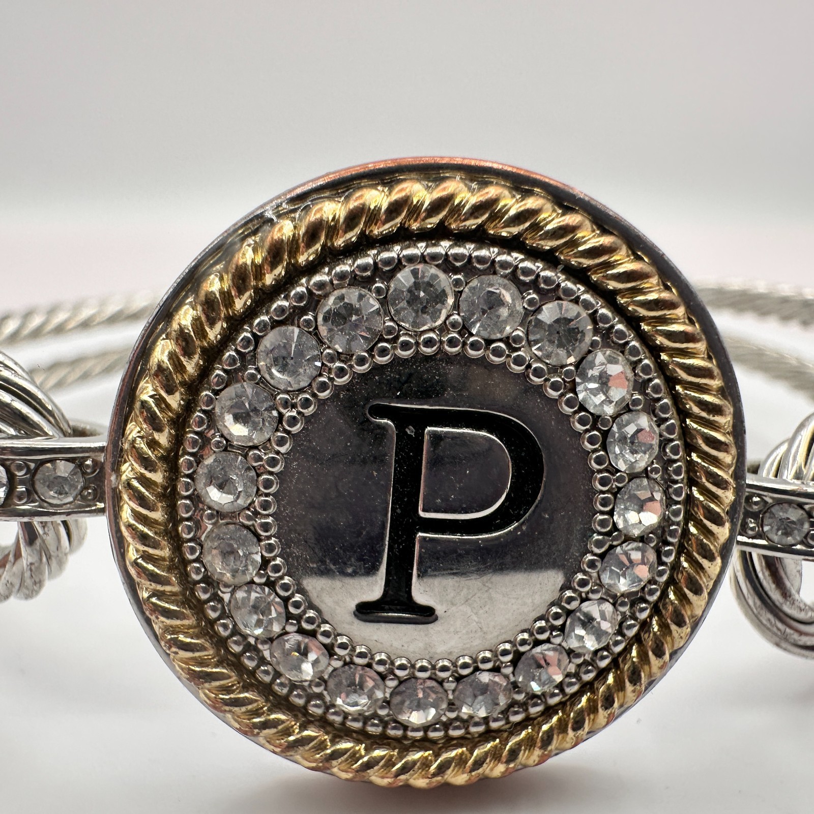 Vintage 90s Silver Tone Initial P Cable Bangle Bracelet Glass Accents Jewelry