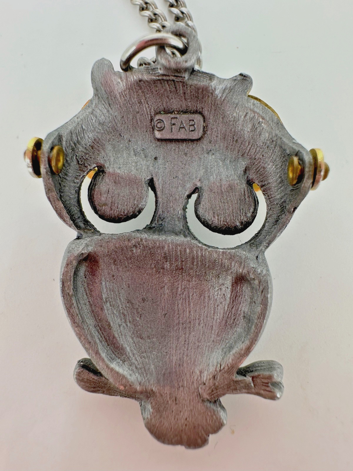 Vintage FAB Pewter Tone Googly Eyed Owl With Movable Eyeglasses Pendant Necklace