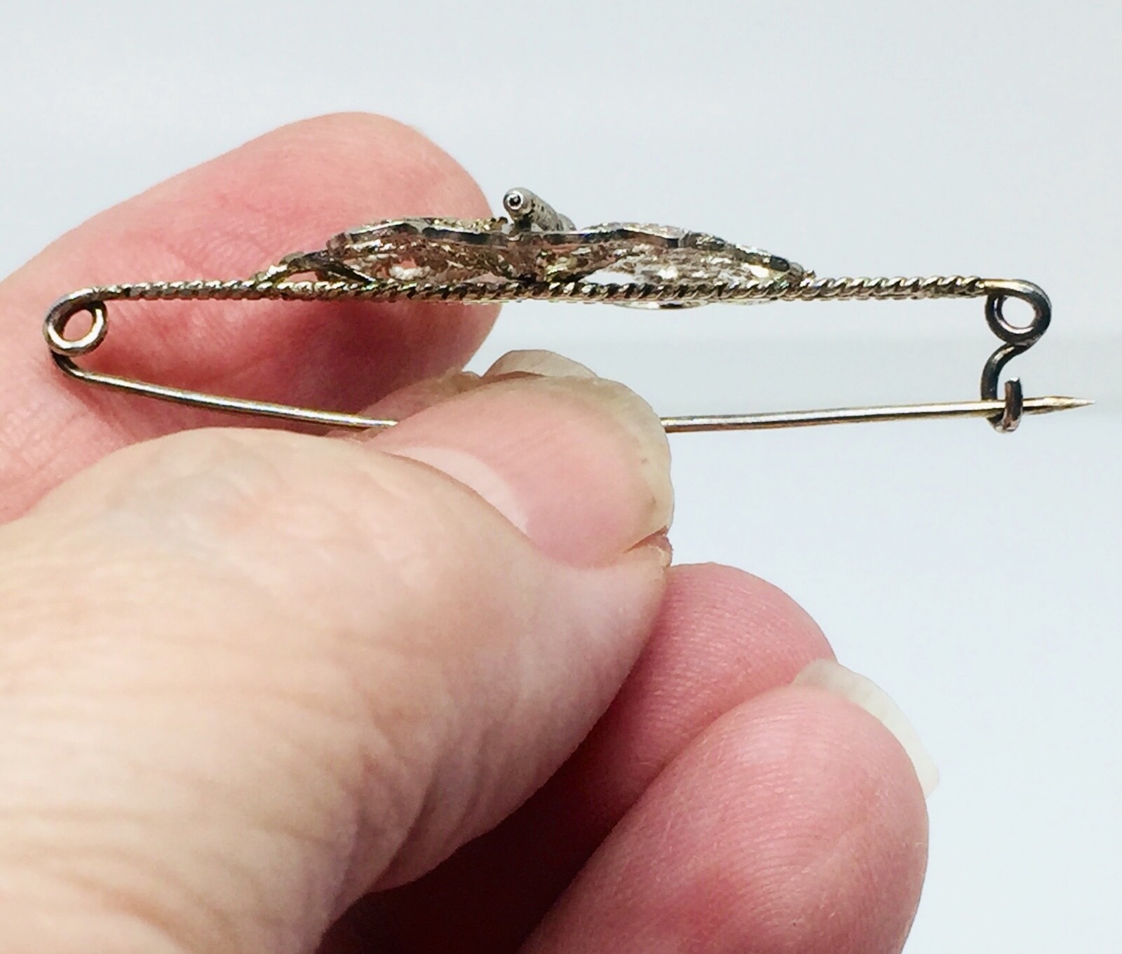 Victorian Sterling Filigree Butterfly Bar Pin with C Clasp