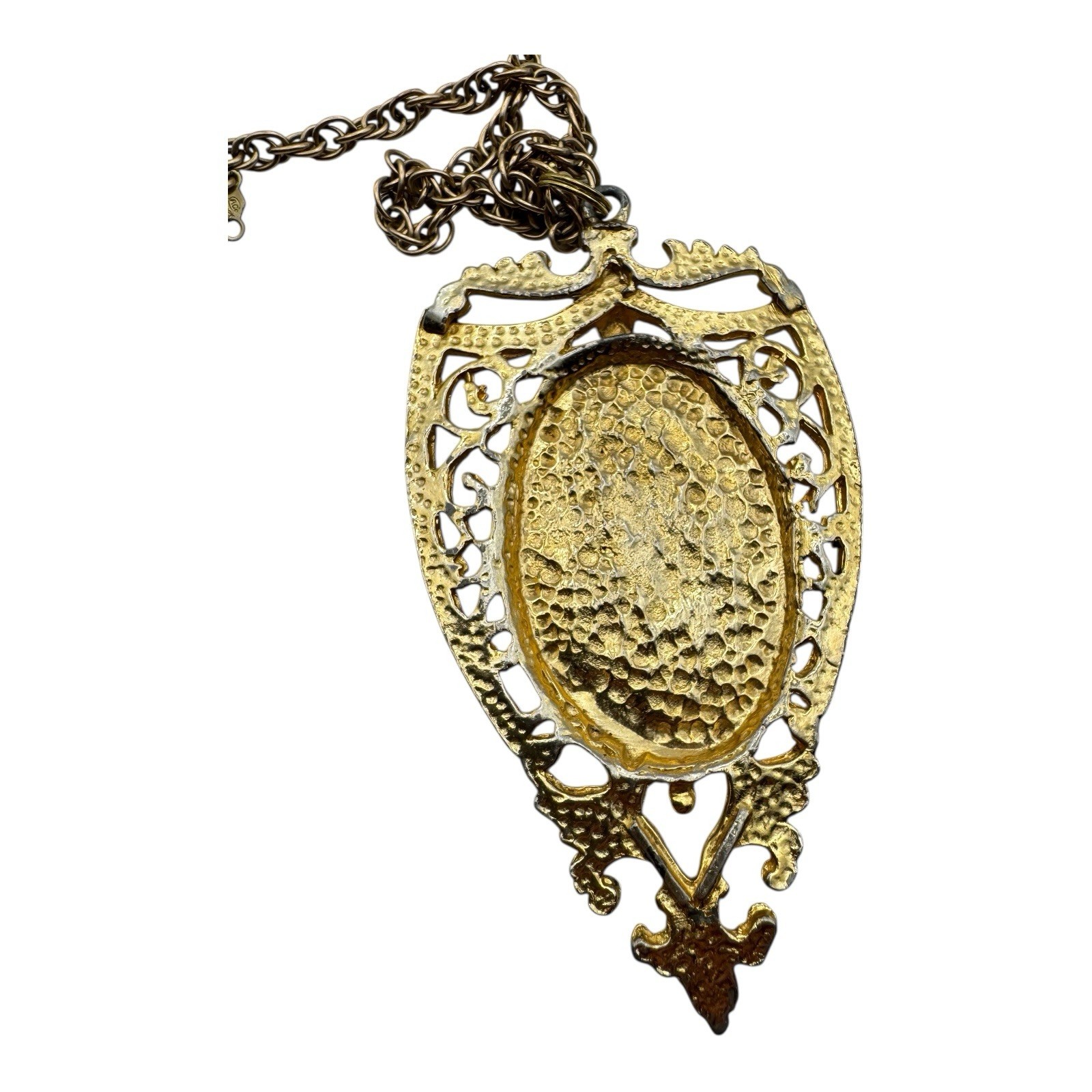 1950s Chinoiserie Intaglio Necklace Gold-Tone Filigree Pendant AC Co. 12KT GF