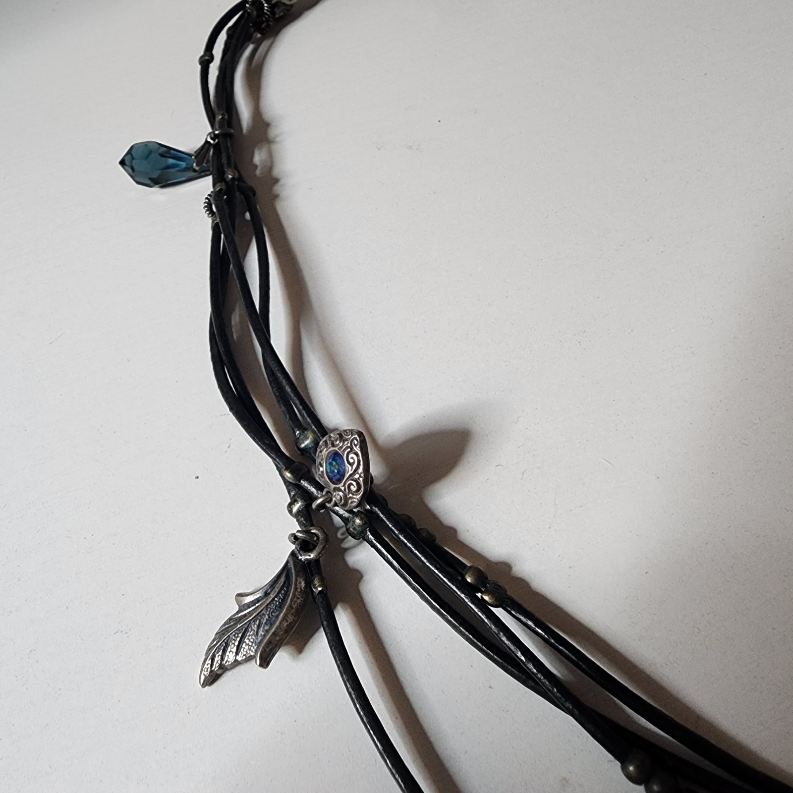 Vintage Van Galz Black Leather Multi Strand Necklace Blue Crystals Heart Charms