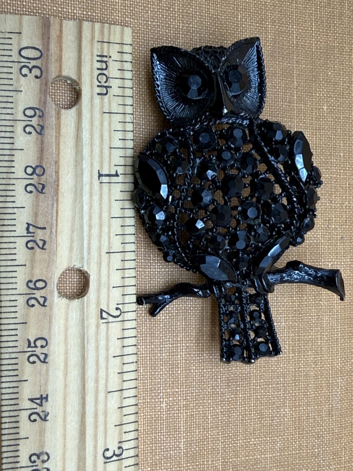 Vintage Owl Figural Black Rhinestone Black Metal Brooch Unsigned