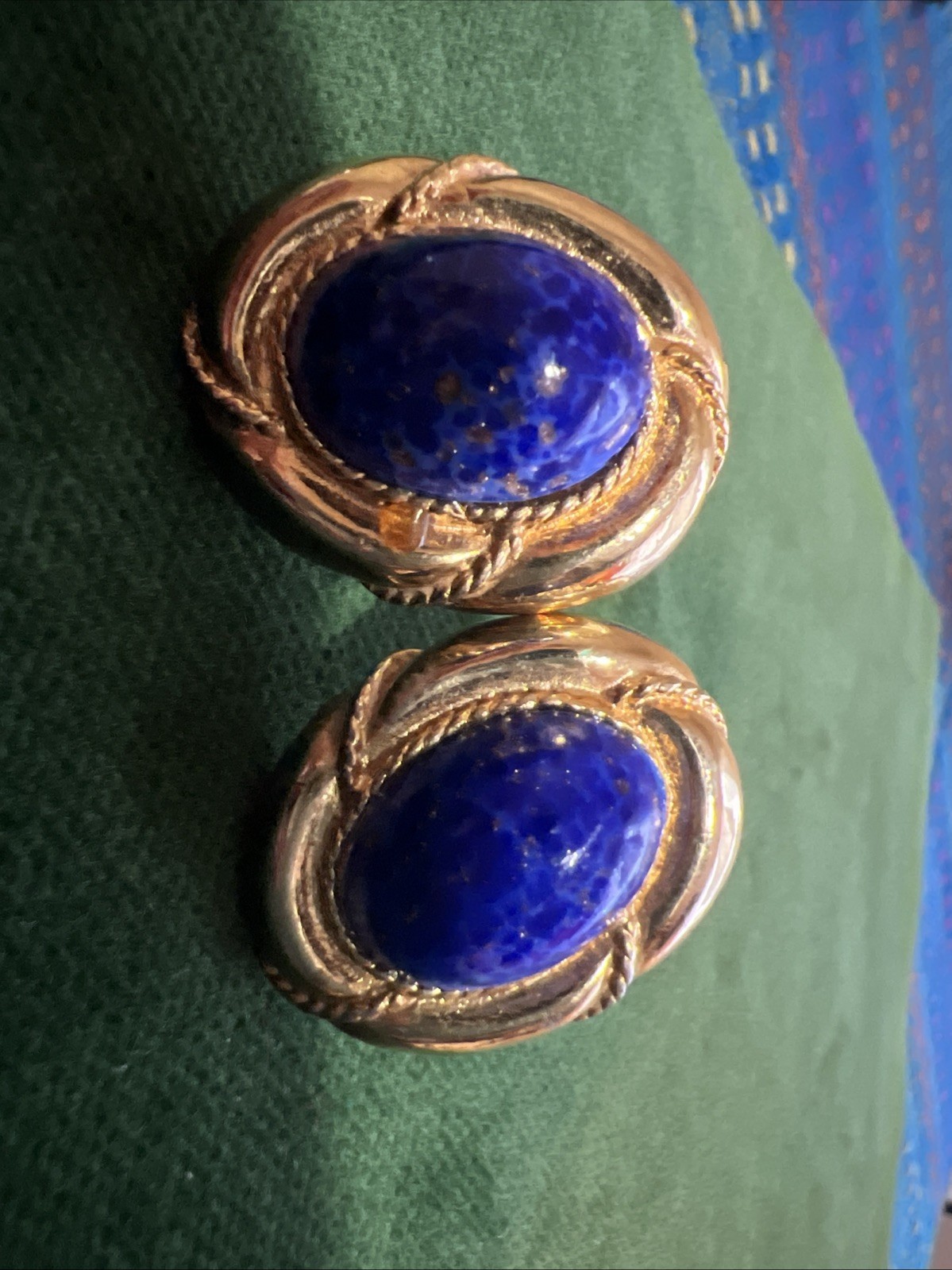 Vtg Signed Gay Boyer Gold Tone Blue Lapis Clip On Earrings