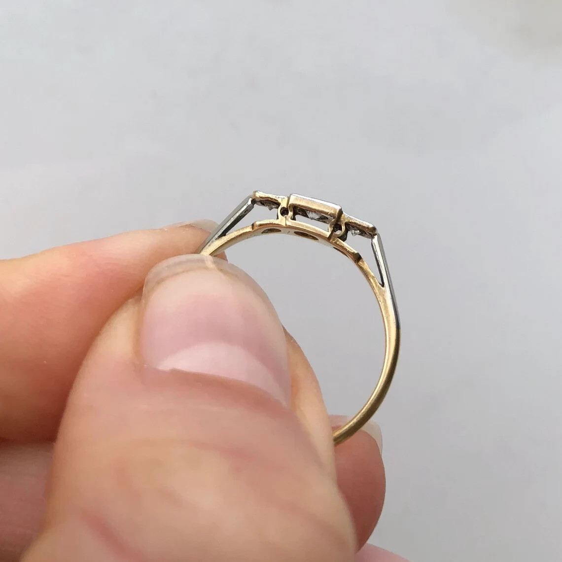 Art Deco Style Lab-Created Diamond 3 Stone Engagement Yellow Gold Finish Ring