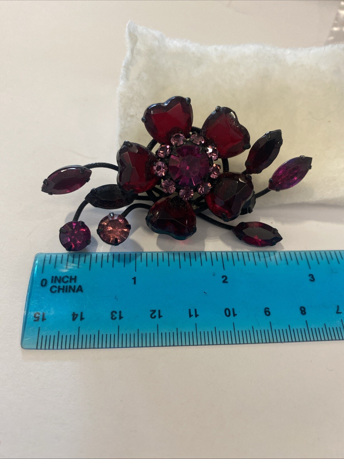 Vintage Unsigned SCHREINER Julian Pink & Fuchsia Flower Red Hearts Pin Brooch