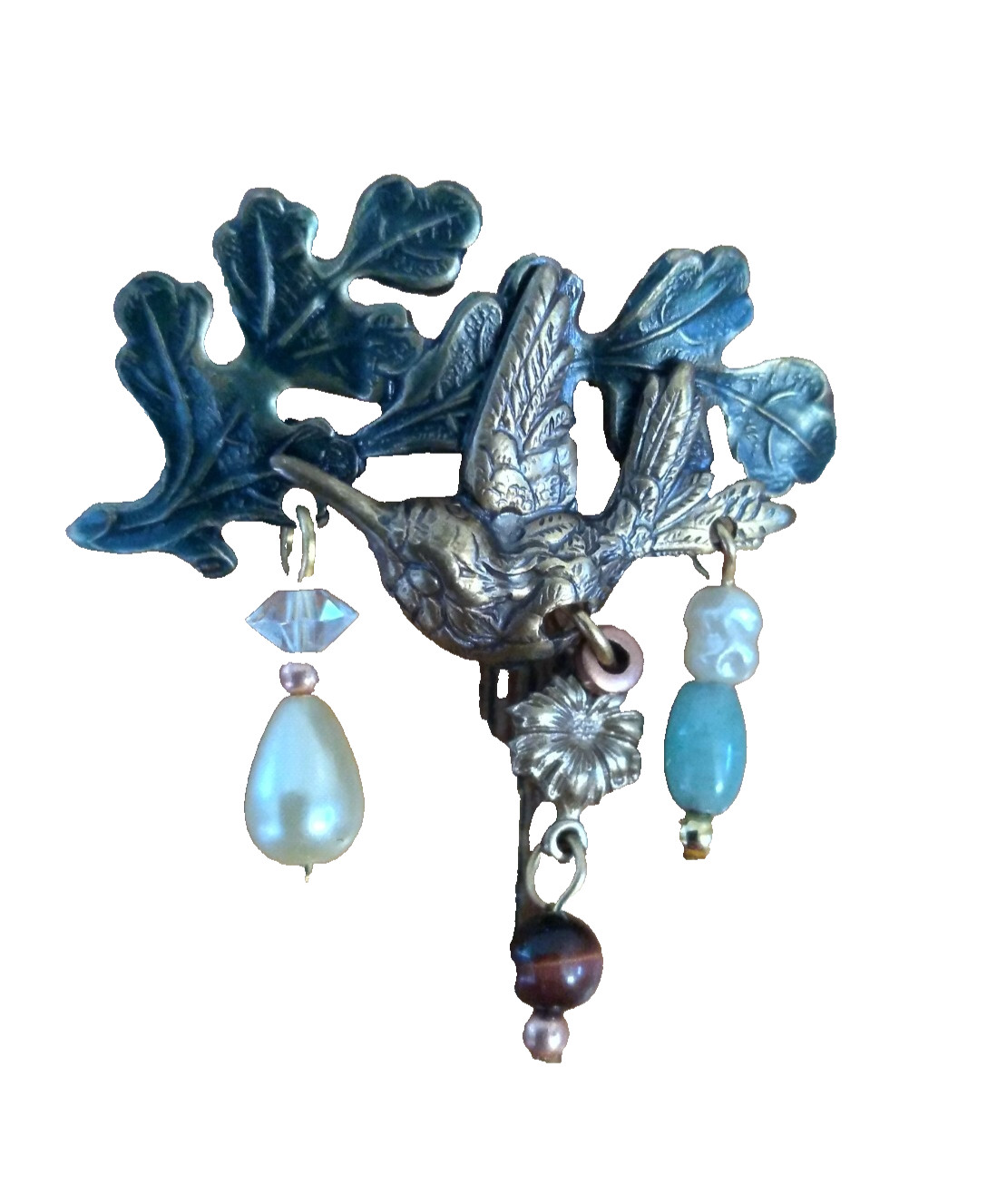 Vintage Hummingbird Brooch Brass Tigers eye Pearl Jade Dangles