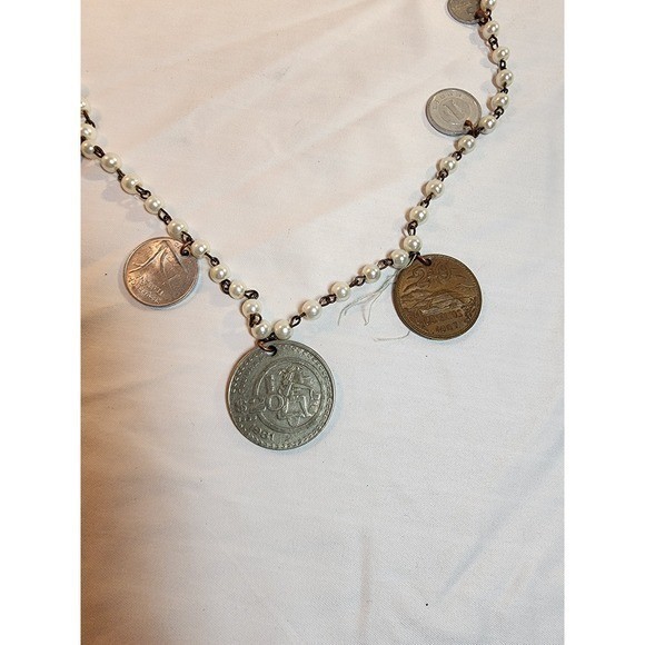 Vintage International Coin and Faux Pearl Charm Necklace Copper Toggle Clasp