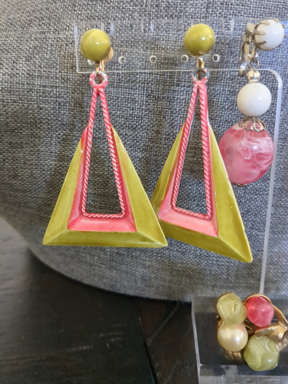 Vintage Earring Lot Pink and Green Clip Ons Screwback Lot of 4 Pairs Earrings