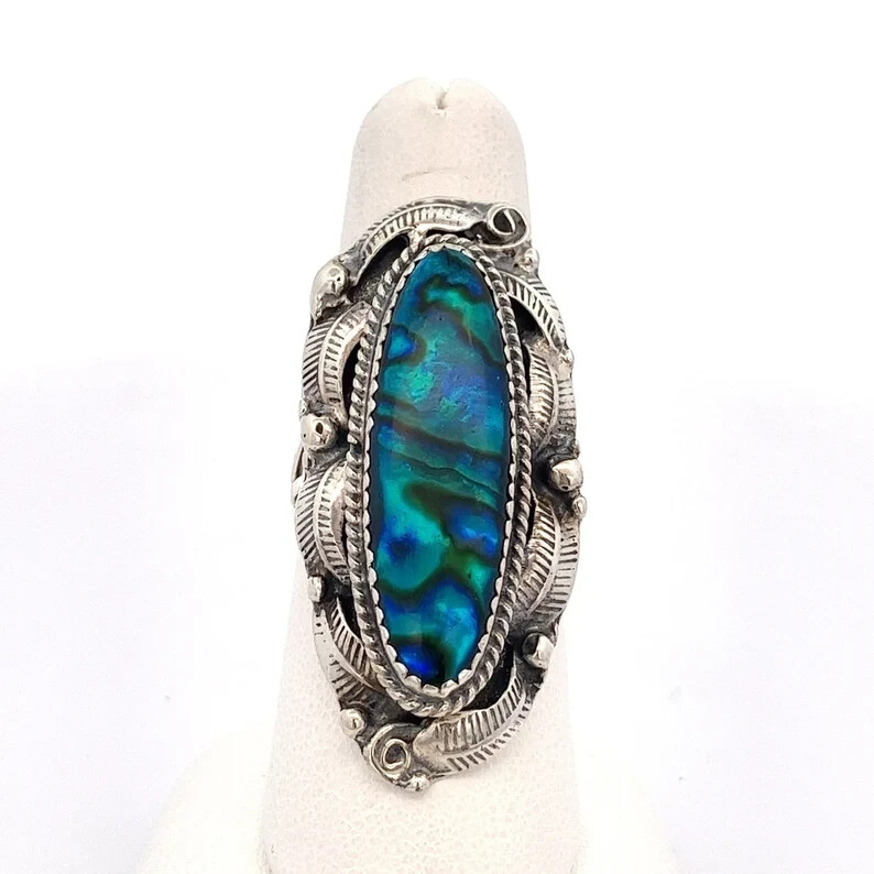 Native American Huge Paua Blue Abalone Shell Sterling Silver Ring- Signed -ET495