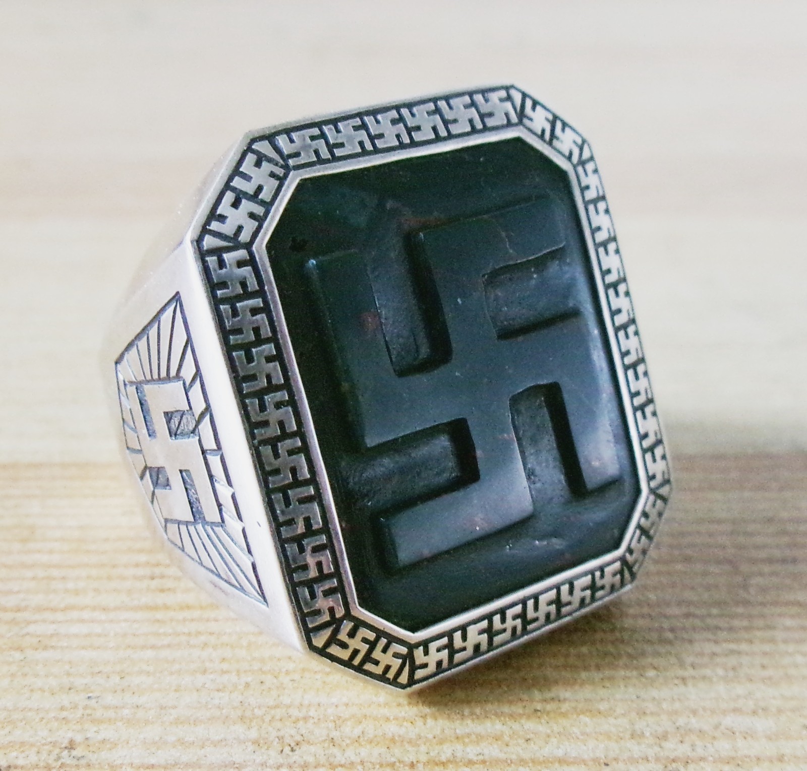 HUGE Antique Sterling Silver Bloodstone Buddhist Manji Ring 25gr 15ct Size 11 US