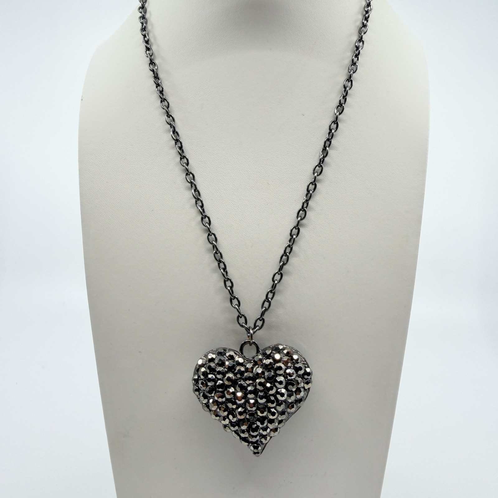 Vintage Y2K Gunmetal Pave Rhinestone Puffy Heart Pendant Necklace Grunge Goth
