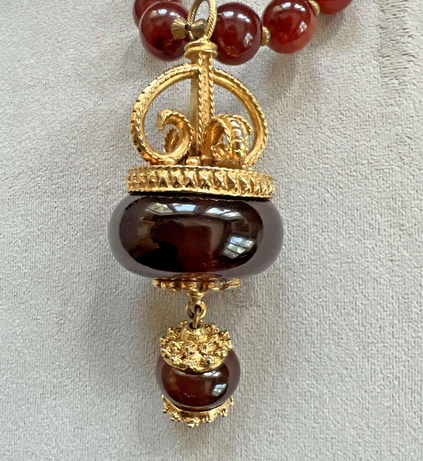 VTG SIGNED KENNETH LANE CARNELIAN RED AMBER GLASS BEAD PENDANT NECKLACE RARE 33″