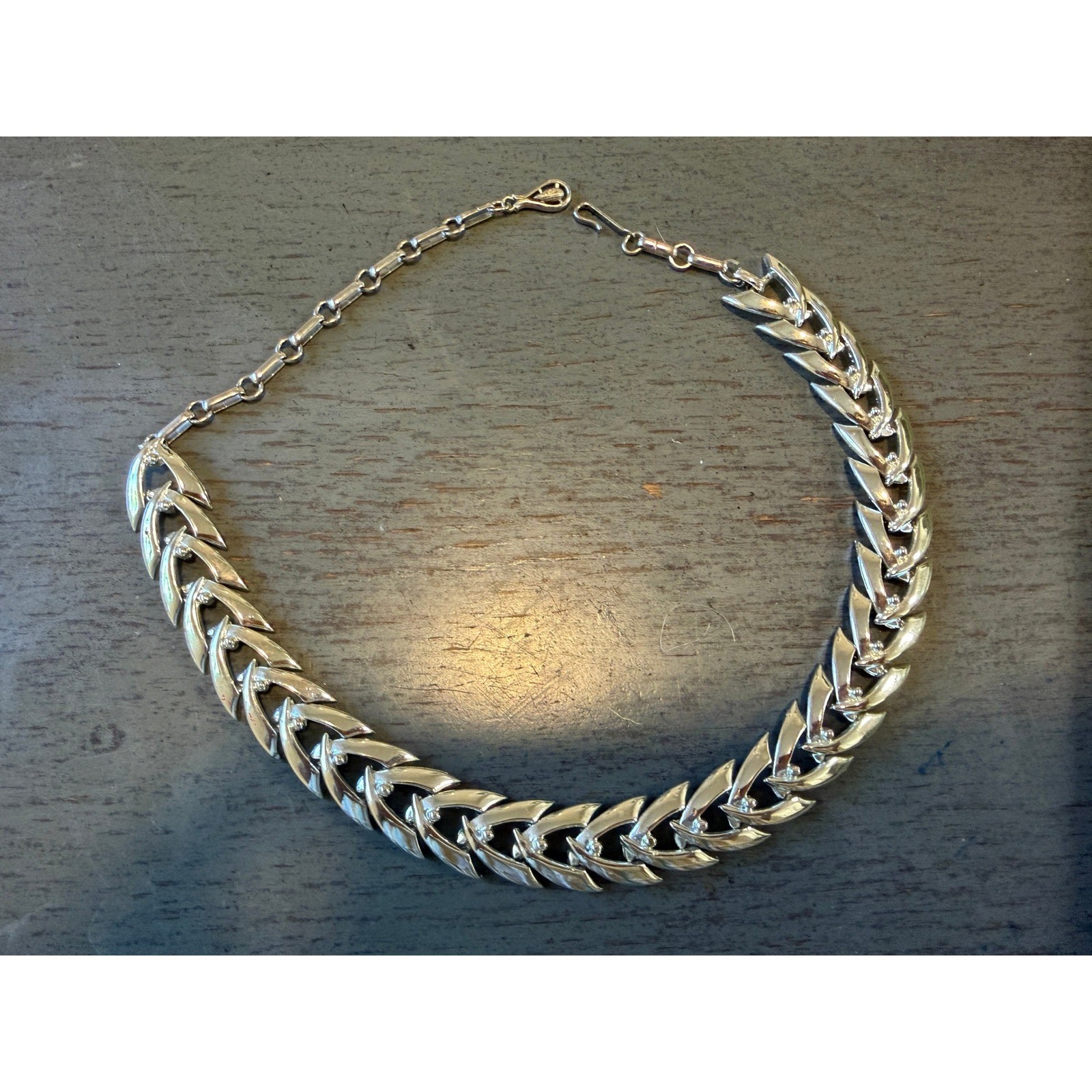 Vintage Silver Tone Chevron Link Choker Necklace J-Hook Clasp 17 Inch