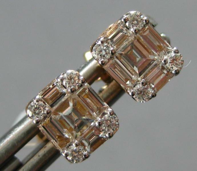 ESTATE .50CT DIAMOND 18K ROSE GOLD ROUND & BAGUETTE CLUSTER SQUARE STUD EARRINGS