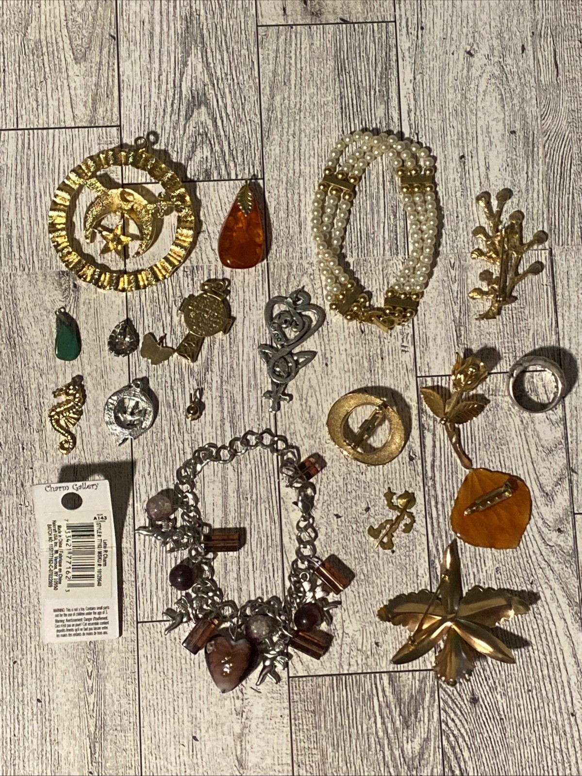 Vtg-mod Jewelry Lot Rhinestone Enamel Glass Pins Pendants Ring Charms Bracelet