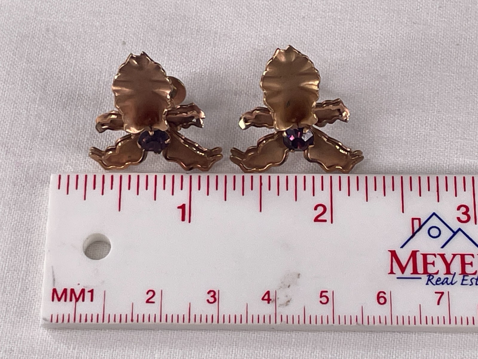 VTG Signed BN Orchid Flower Purple Crystal Rose Goldtone Screw Back Earrings