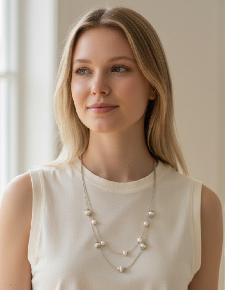 18″ Double Strand Gold-toned Chains W/Light-Colored Beads With Spacers Necklace