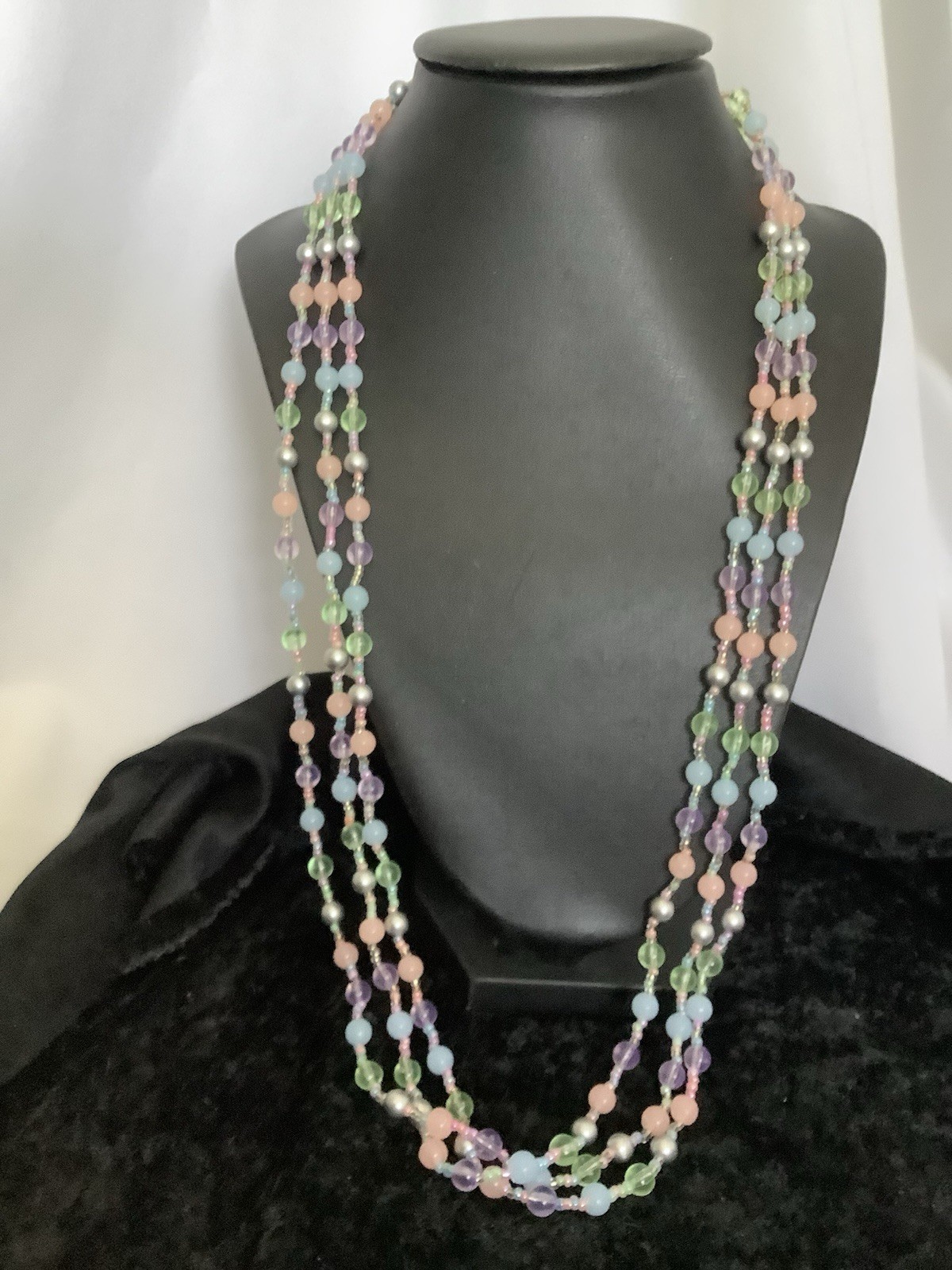3 Strand Beaded Necklace Light Blue,Pink,Green,Purple And Silver Beads