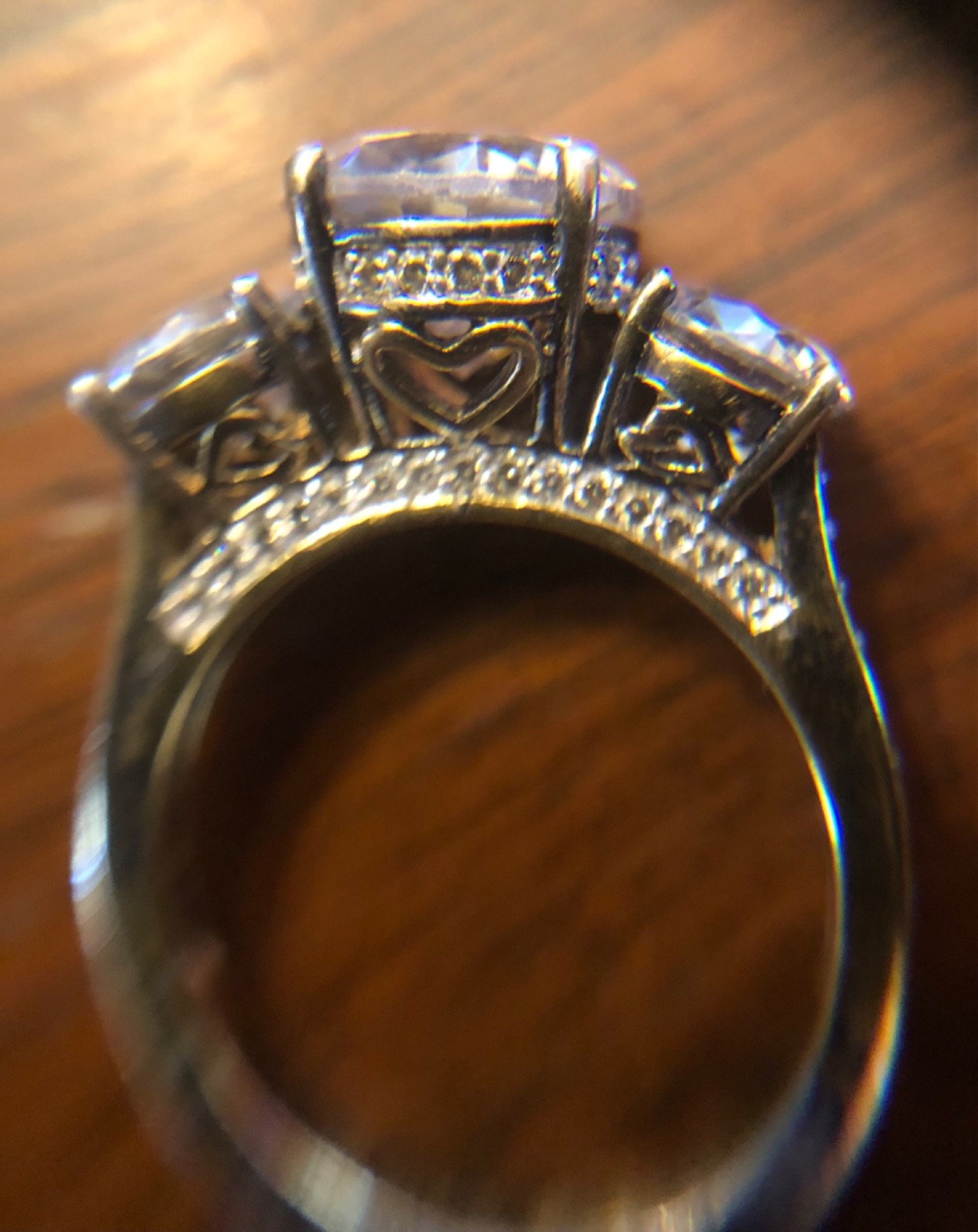 Engagement ring band gold tone 3 stone glass estate vintage 5 carat TW