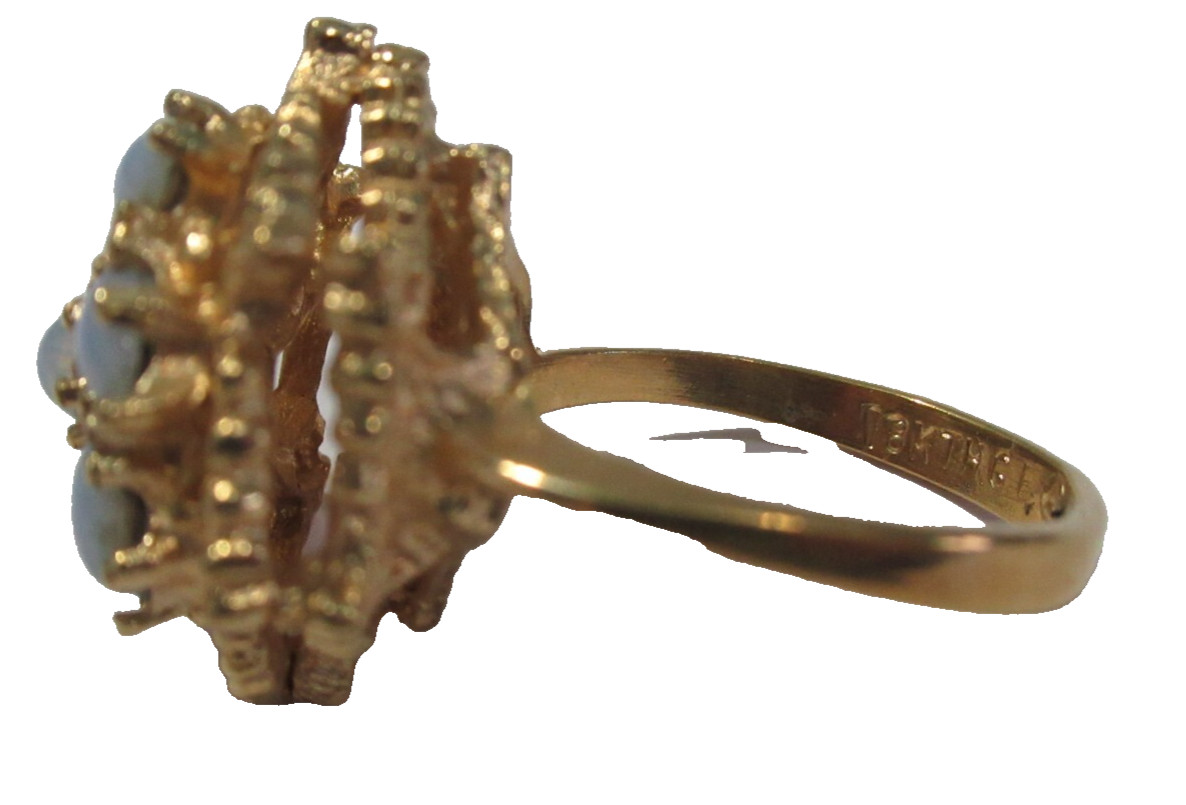 FAUX OPAL RING GOLD TONE ‘BEADED’ METAL SIZE 5.25