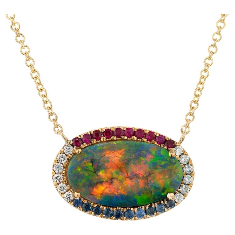 Peter Suchy 1.53 Carat Opal Diamond Ruby Sapphire Yellow Gold Pendant Necklace
