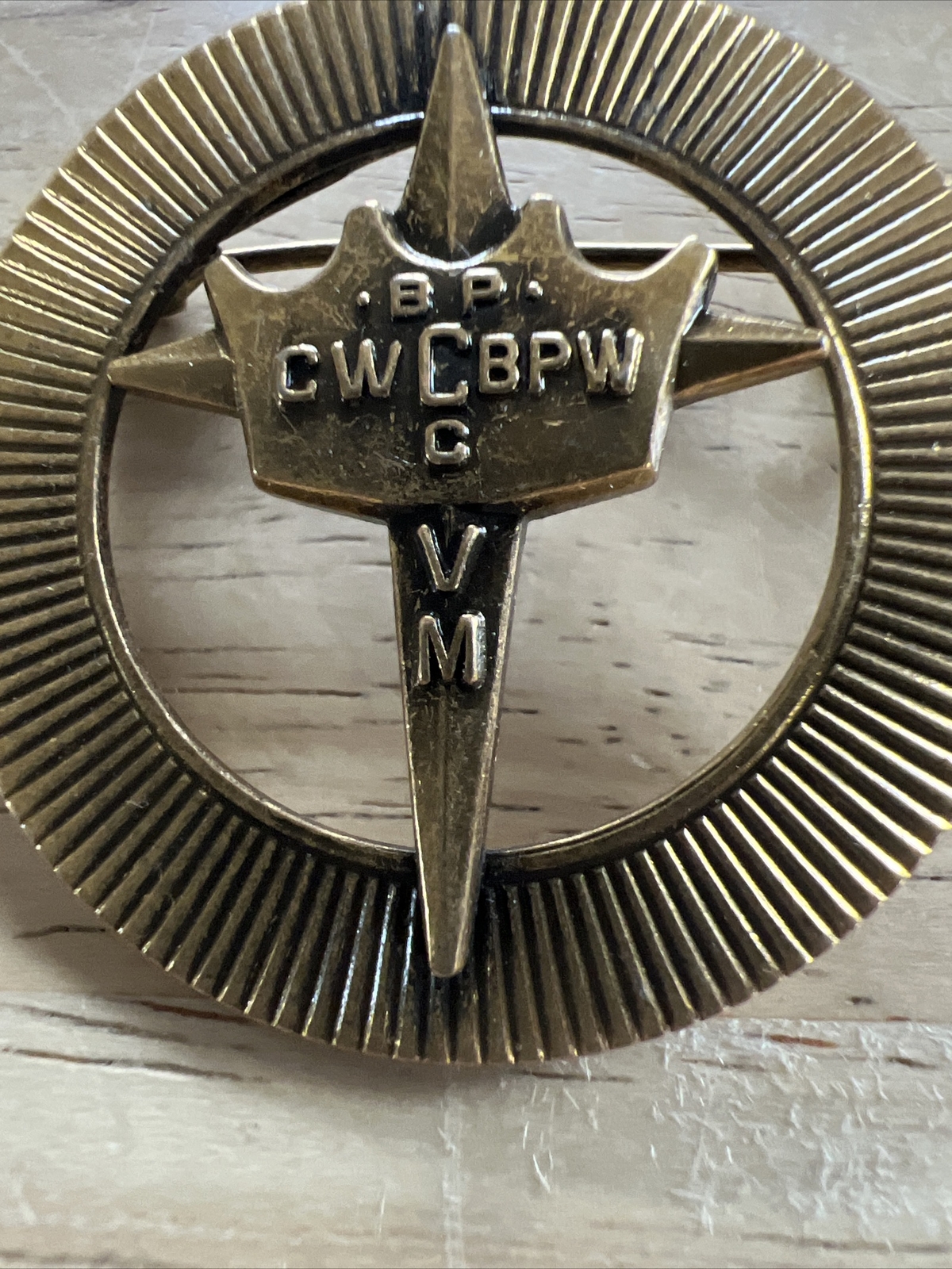 Vintage Round Metal CW C BPW BP C VM Cross/Crown Brooch Pin