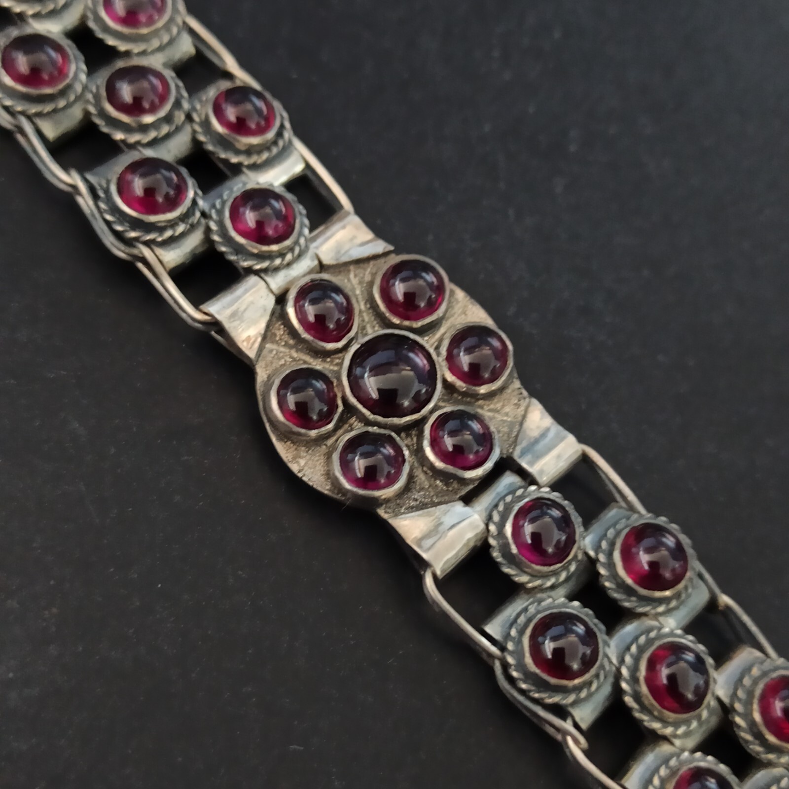 Vintage Garnet Bracelet 925 Silver Wide Statement Artisan GI OOAK Ethnic Boho