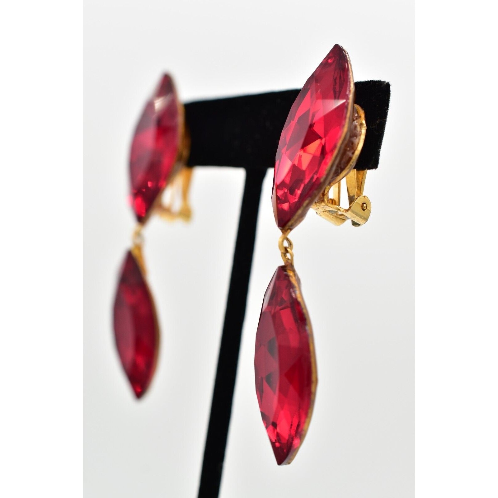 Vintage Red Crystal Clip On Earrings Drop Dangle Chunky Sparkling 1980s BinBK