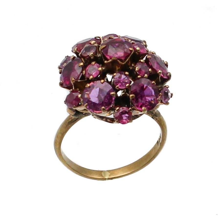Vintage Ruby / Pink Sapphire Dome Cluster Cocktail Ring 14K Yellow Gold Sz 5