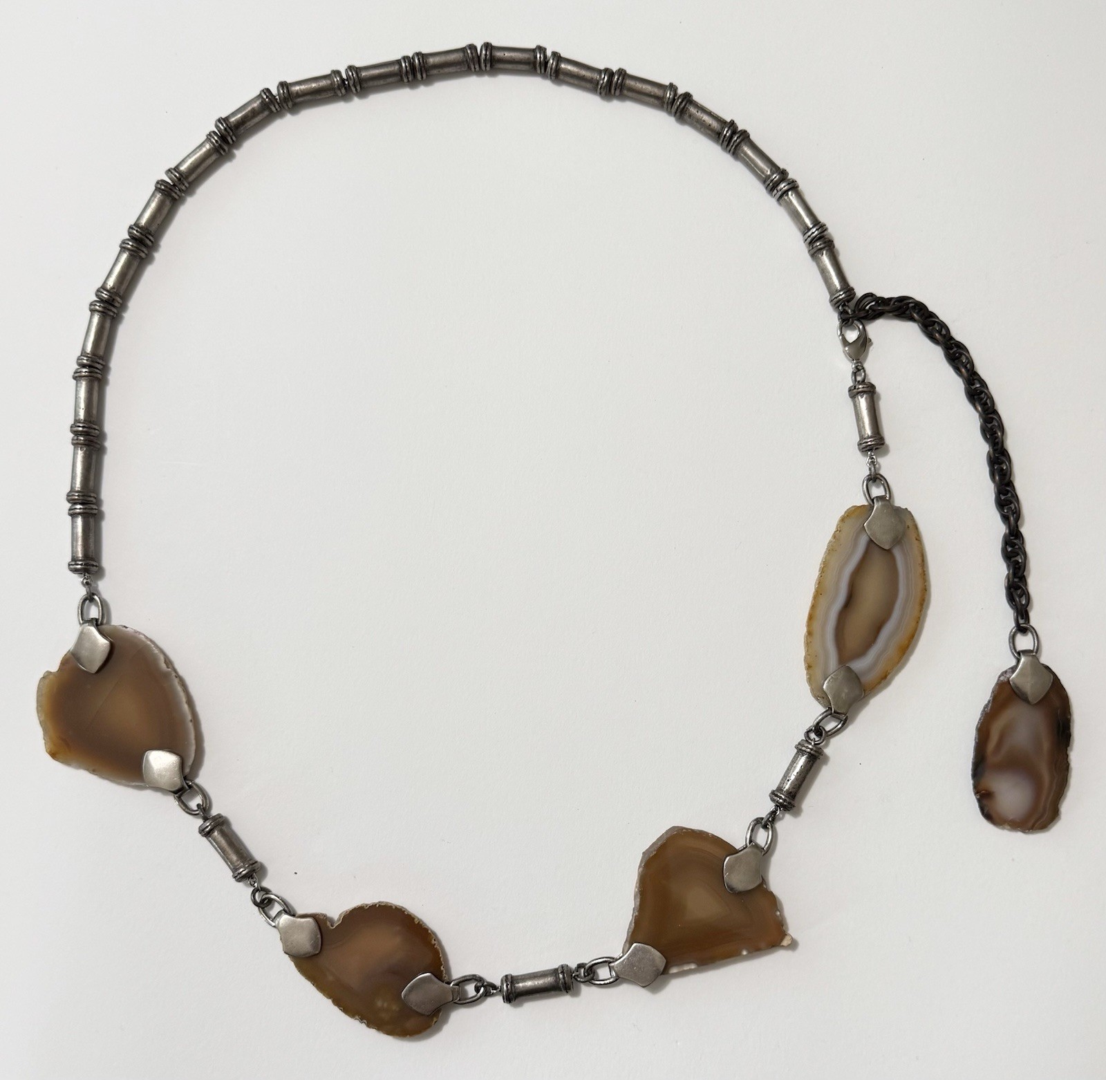 Modernist Pewter Tube Bead & Agate Geode Slices Chain Belt or Necklace 34”- 40”
