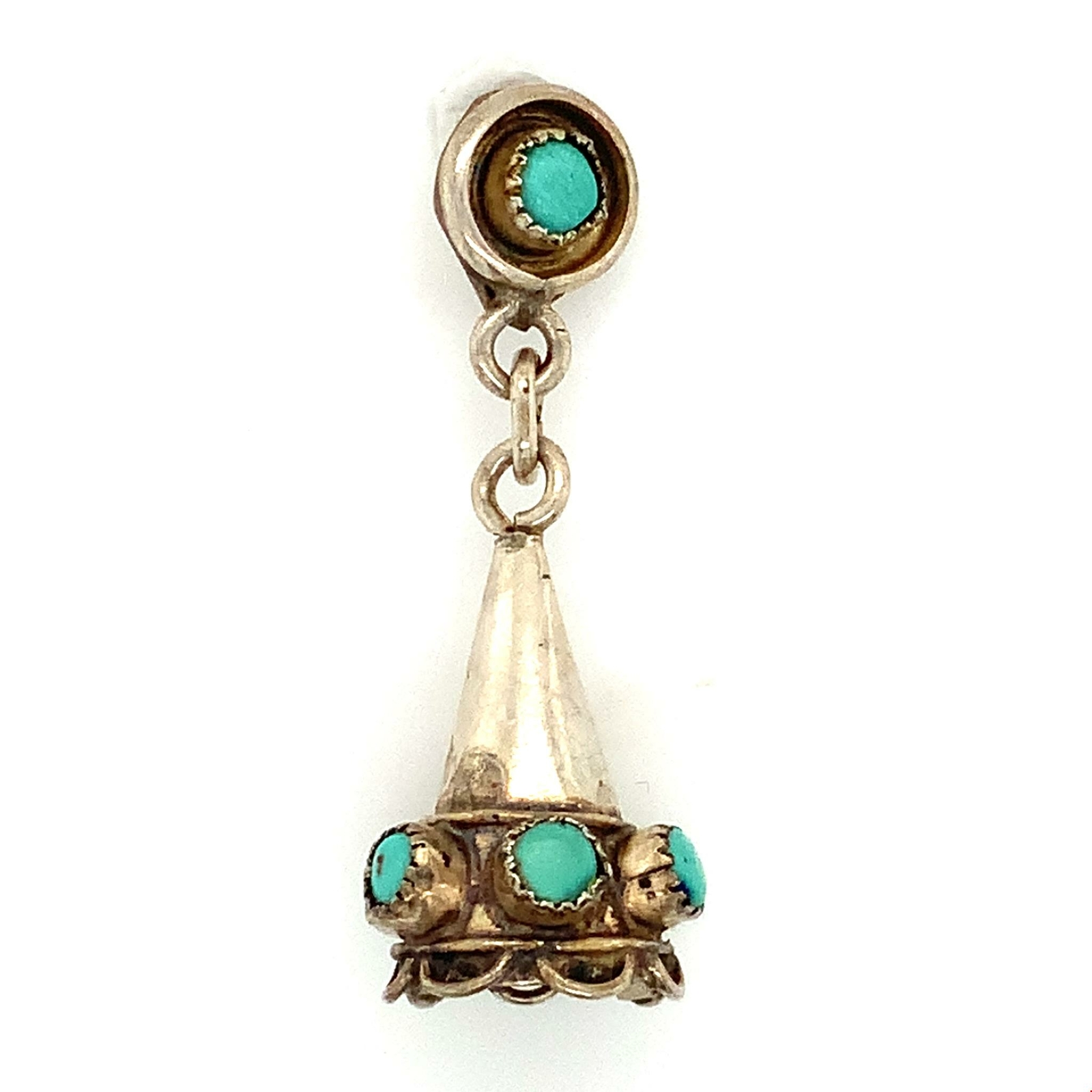 Vintage Sterling Silver Southwestern Inlay Turquoise Stone Cone Shape Pendant