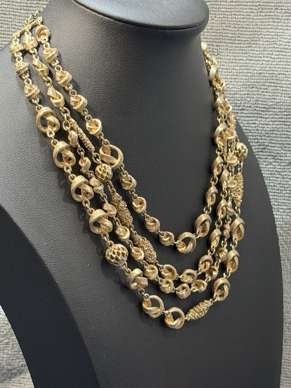 Vintage Knot Filigree Bead Necklace Multi Strand Beaded Gold Tone Acorn Hook