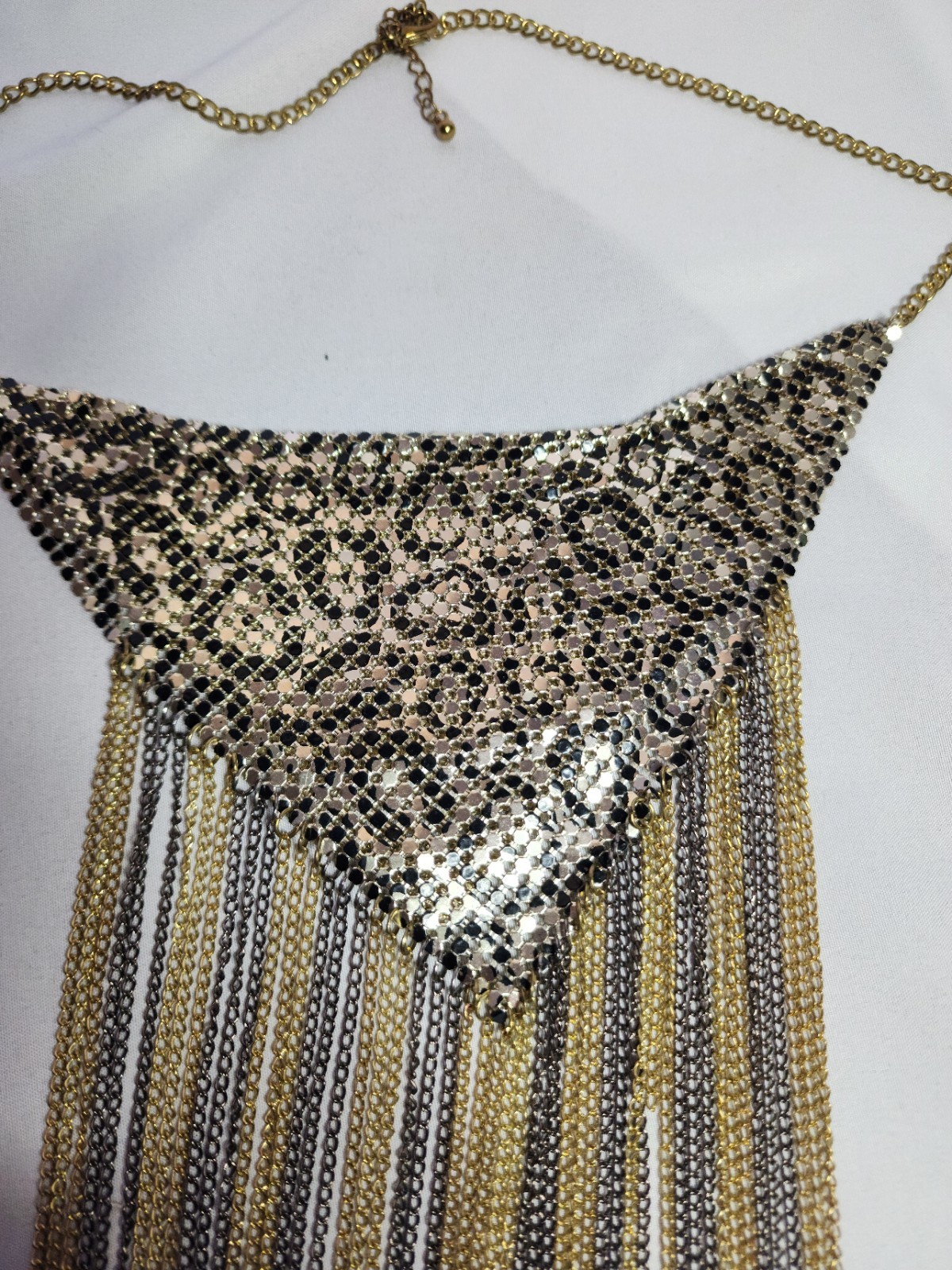 Vintage Gold tone Chainmail Fringe Leopard Statement Necklace 70s